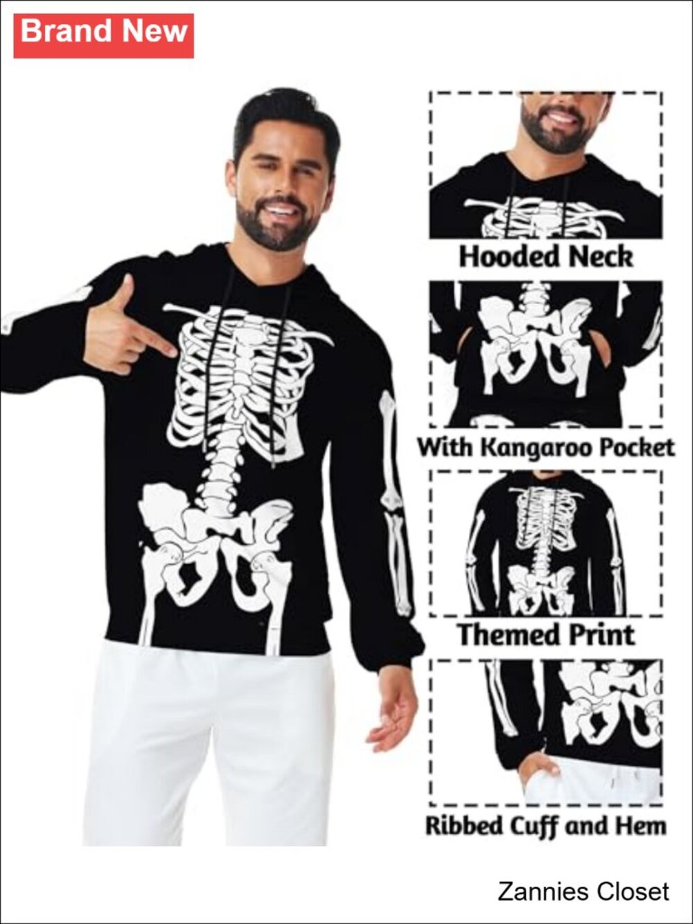 ๐ป Mens Halloween Long Sleeve Hoodie Kangaroo Pocket Skeleton Pullover - Picture 3 of 6